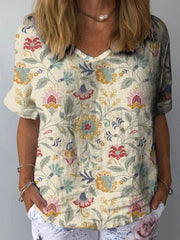 Women's Retro Flowers Art Print Casual Cotton And Linen Shirt