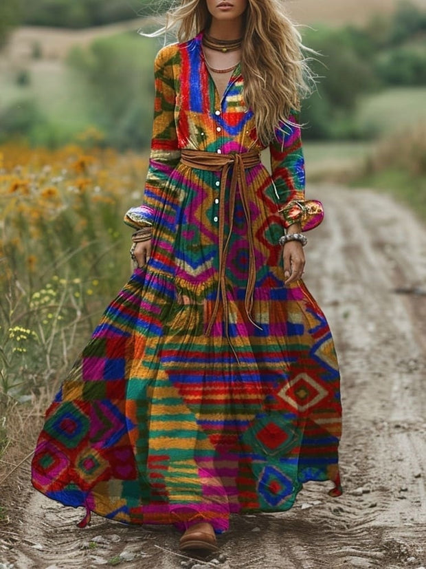 Women's Colorful Bright Tribal Style Print Pocket Cotton Dress