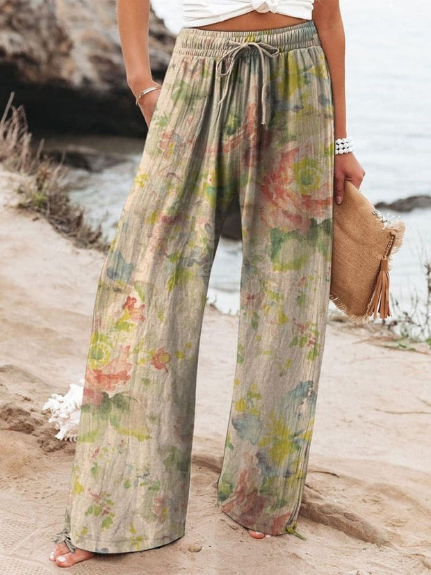 Women's Vintage Ethnic Floral Art Printed Cotton And Linen Casual Pants