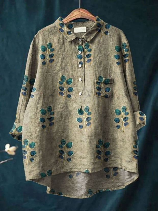 Women's Flower Print Casual Cotton And Linen Shirt