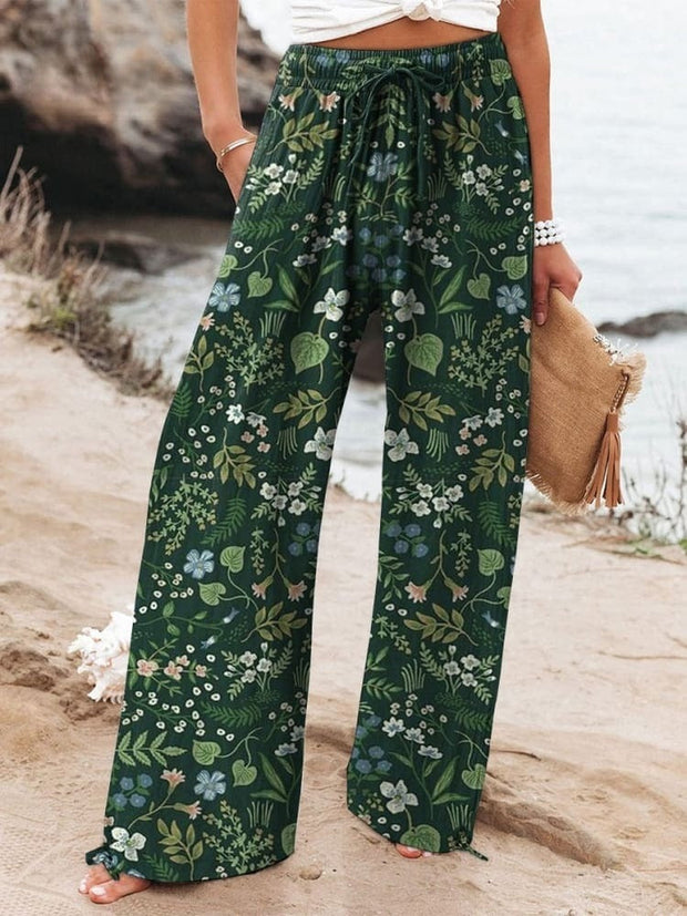 Lively Botanical Garden Pattern Printed Women's Cotton And Linen Casual Pants