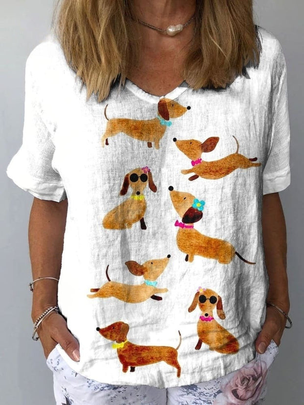 Women's Dachshund Art Print Casual Cotton And Linen Shirt