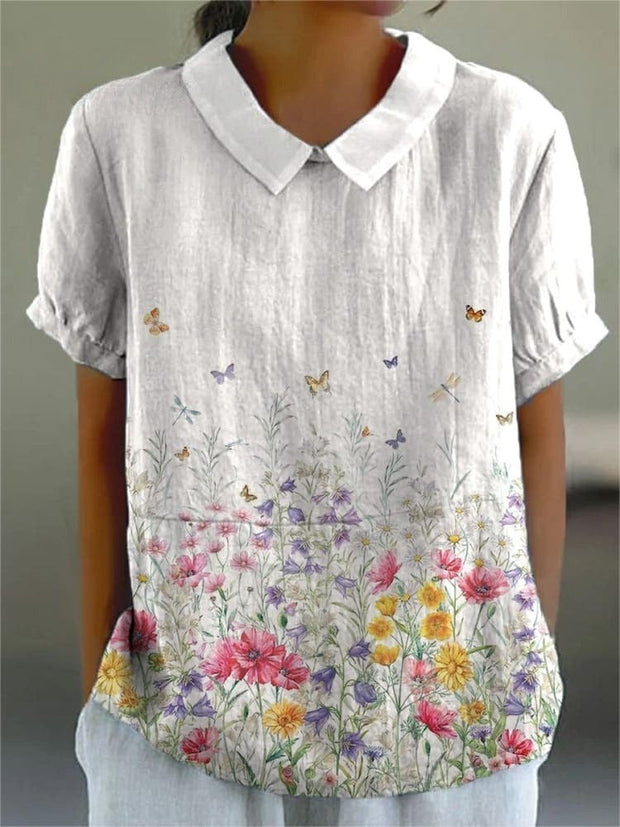 Butterfly In Spring Garden Printed Women's Casual Cotton And Linen Shirt