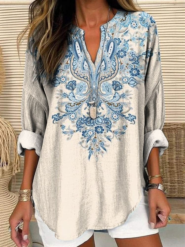 Women's Blue Ethnic Print Casual Linen V-neck Shirt