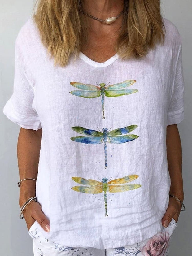 Women's Watercolor Dragonfly Print Cotton Linen Shirt