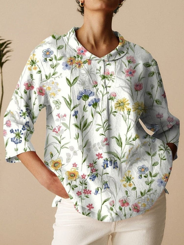 Women's Vintage Floral Art Print Casual Linen Cotton 3/4 Sleeve Shirt