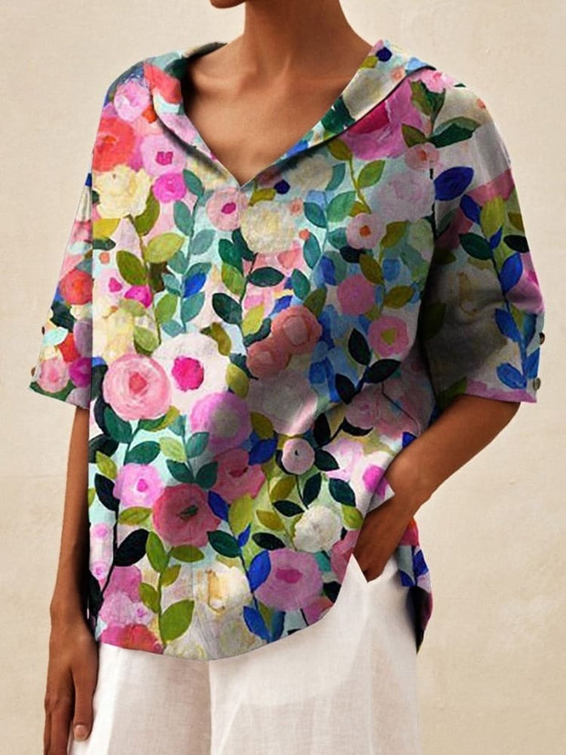 Colorful Spring Floral Garden Printed Women's Casual Linen V-Neck Shirt