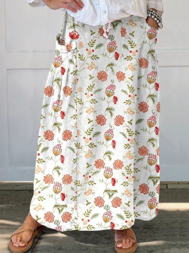 Women's  Flower  Art Print  Linen Pocket Skirt