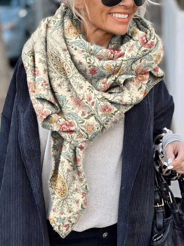 Women's Vintage Paisley Floral Print Casual Knitted Blanket Poncho Hood Cape