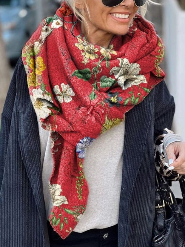 Women's Vintage Floral Print Casual Knitted Blanket Poncho Hood Cape