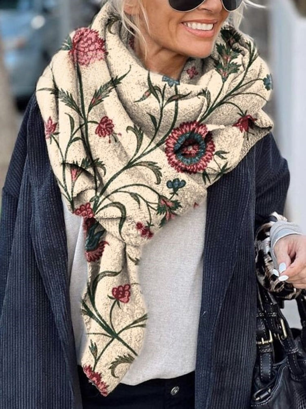 Women's Botanical Floral Art Print Casual Knit Blanket Cape Hooded Poncho