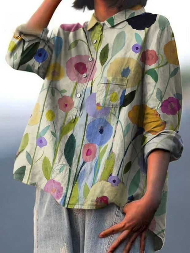 Oil Painting Spring Field Art Printed Women's Casual Cotton And Linen Shirt