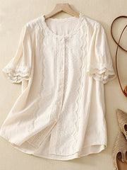 Solid Color Hollow Embroidery Lace Stitching Short-Sleeved Shirt