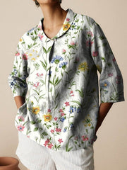 Women's Vintage Floral Art Print Casual Linen Cotton 3/4 Sleeve Shirt