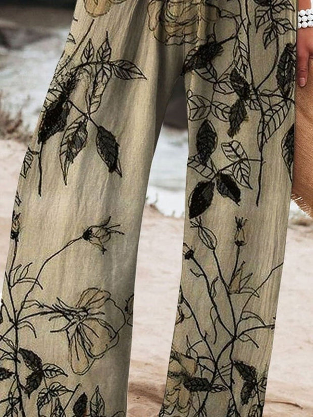 Women's Vintage Ethnic Floral Art Printed Cotton And Linen Casual Pants