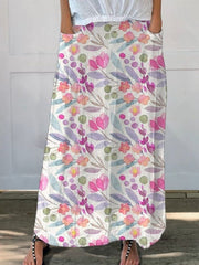 Watercolor Spring Garden Floral Repeat Pattern Printed Women's Linen Pocket Skirt