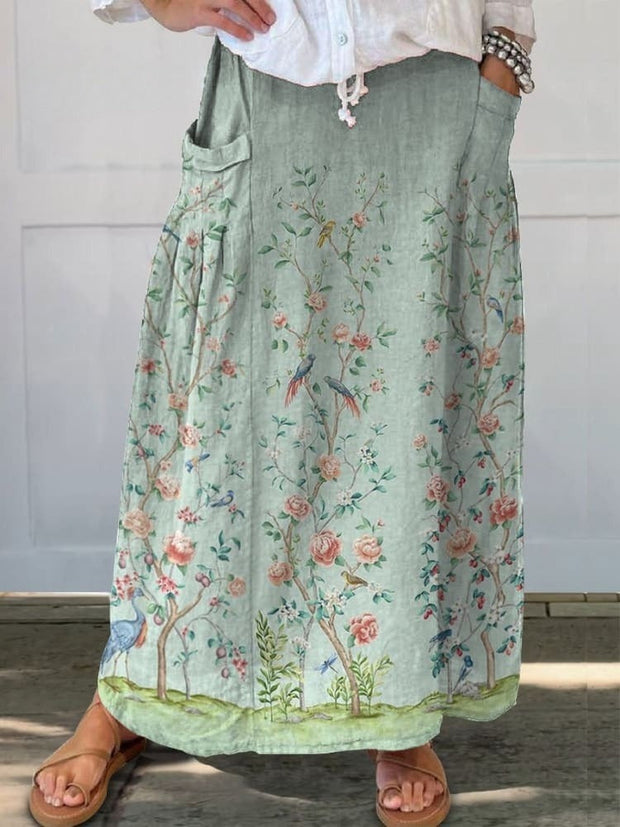 Women's Vintage Flower Print Linen Pocket Skirt