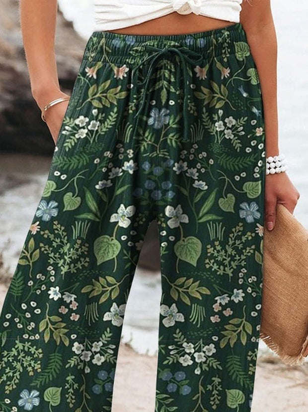 Lively Botanical Garden Pattern Printed Women's Cotton And Linen Casual Pants