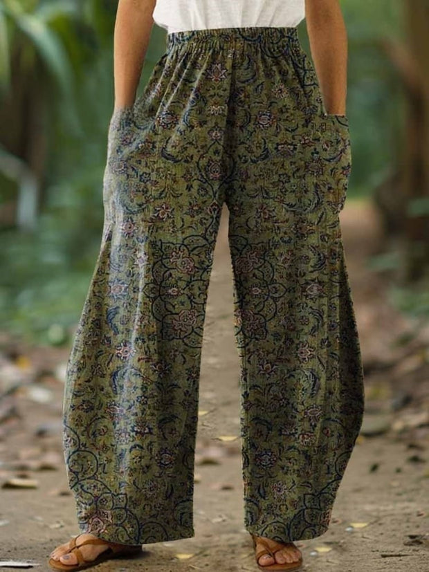 Women's Retro Ethnic Art Pattern Print Cotton Casual Wide Leg Pants