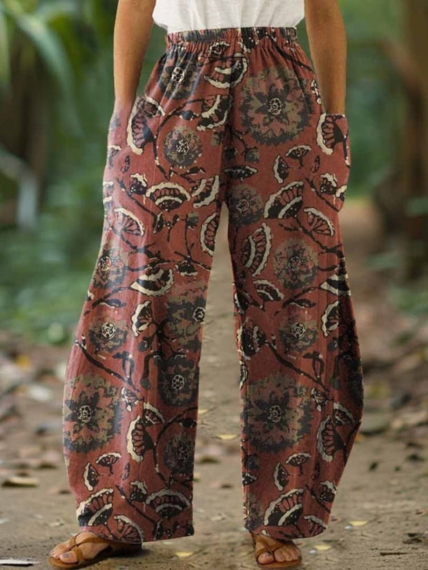 Women's Floral Art Print Cotton Casual Wide Leg Pants