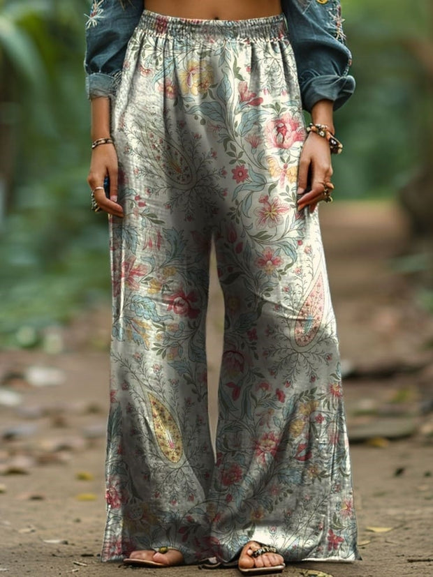 Women's Vintage Paisley Flowers Print Cargo Wide Leg Pant