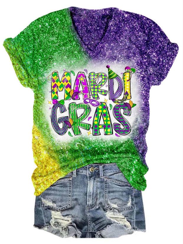 Happy Mardi Gras Glitter V-Neck Tee