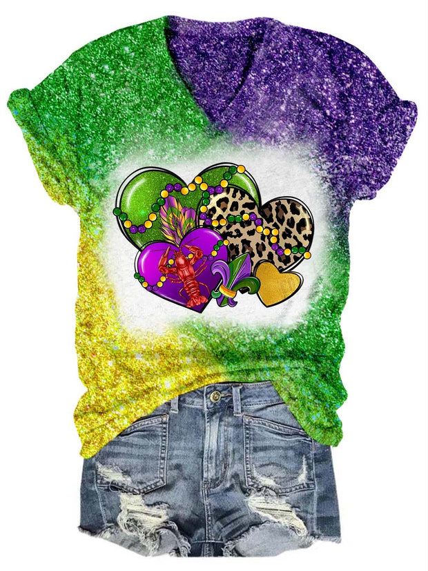 Heart Leopard Mardi Gras Glitter V-Neck T-Shirt