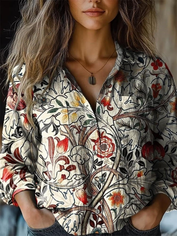 Women's Vintage Lovely Floral Art Print Casual Long Sleeve Comfortable Cotton Shirt