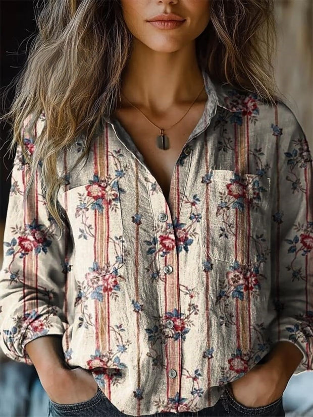 Women's Vintage Lovely Floral Art Print Casual Long Sleeve Comfortable Cotton Shirt