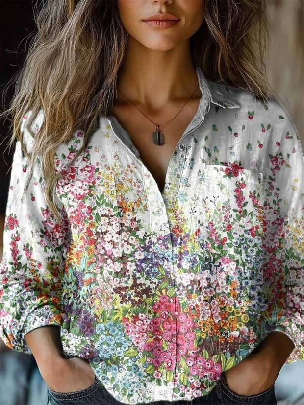 Women's Flower Print Casual Long Sleeve Comfortable Cotton Shirt