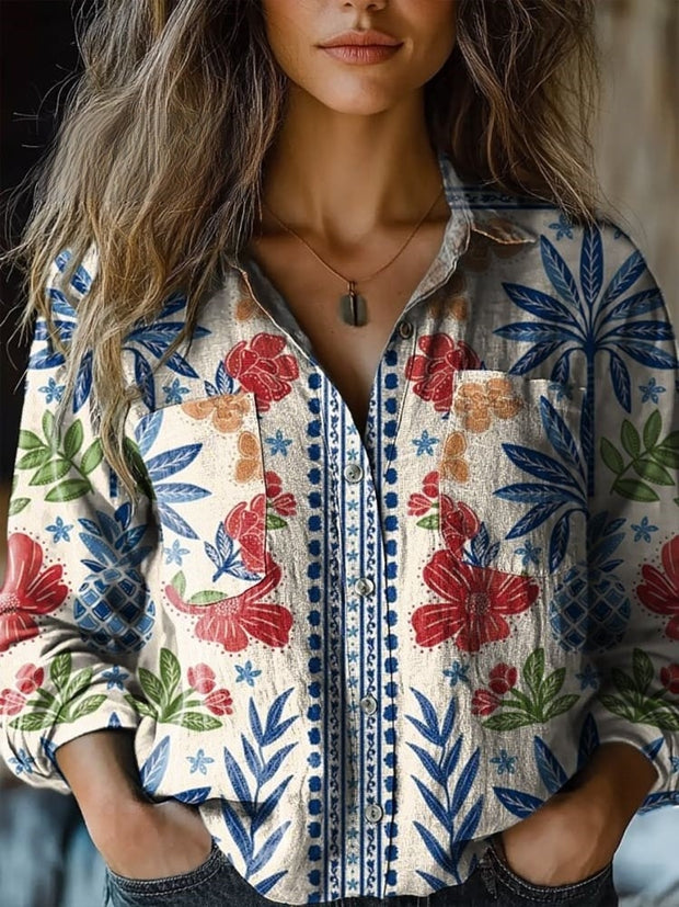 Women's Floral Pineapple Art Print Casual Long Sleeve Comfortable Cotton Shirt