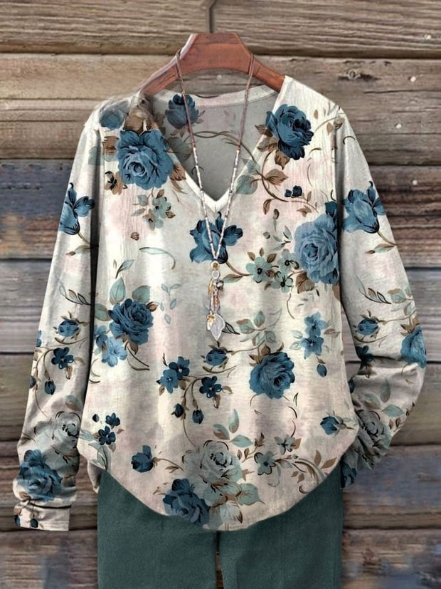 Women's Vintage Flower Drawing Art Print Casual V-neck Long Sleeve T-shirt