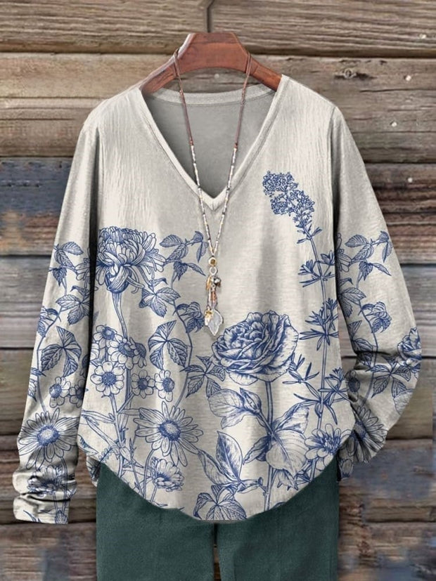 Women's Blue Botanical Art Print Casual V-neck Long Sleeve T-shirt