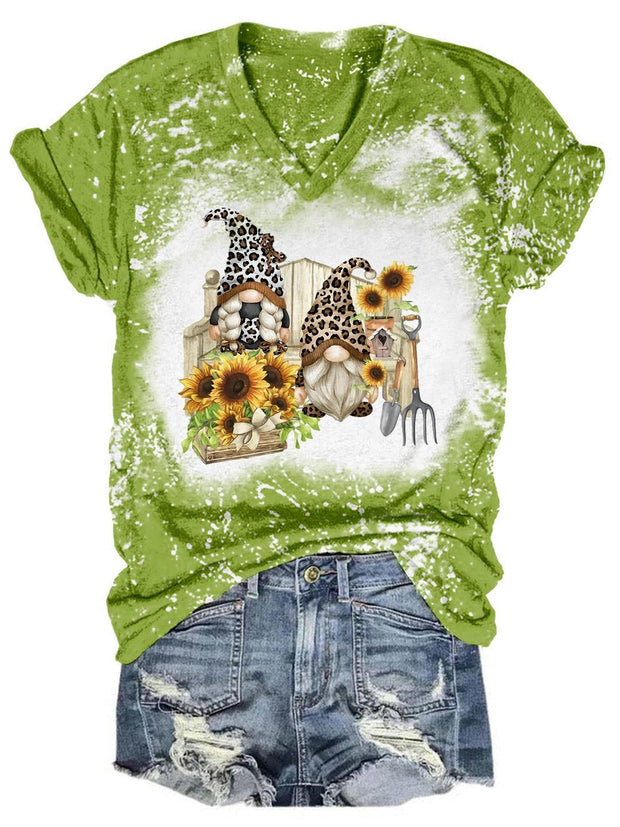 Sunflower Leopard Gnome Tie Dye V Neck Casual T-Shirt