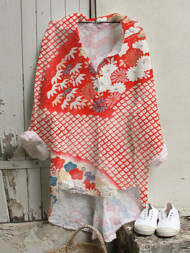 Japanese Art Flower Print Loose Shirt