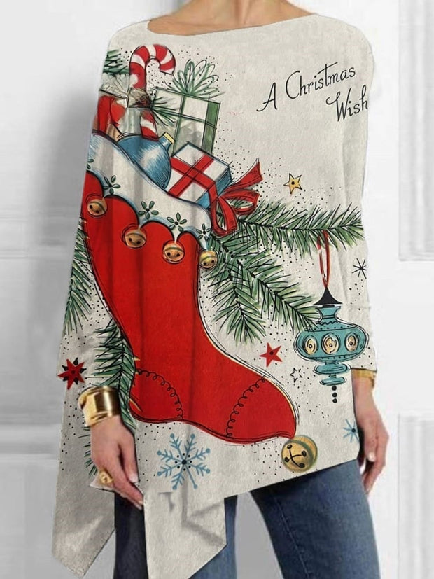 A Christmas Wish Print Mid-Length Irregular Tops