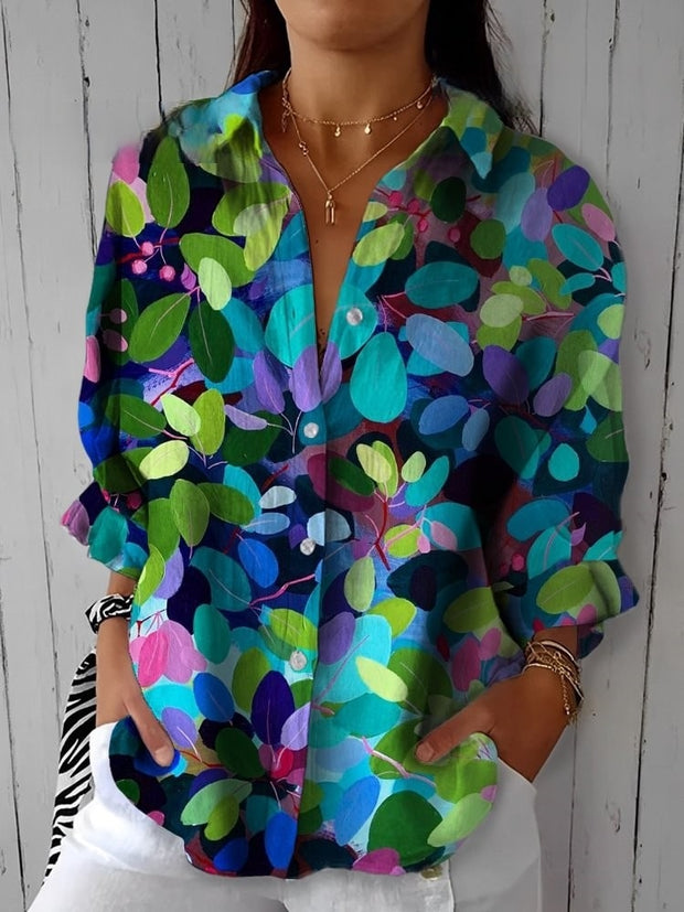 Beautiful And Dazzling Bright Leaves Printed Cotton And Linen Shirt