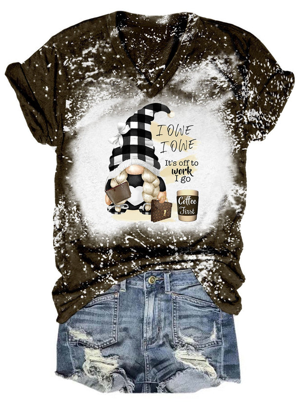 I Owe It's Off To Work Coffee Gnome Tie Dye V Neck T-shirt