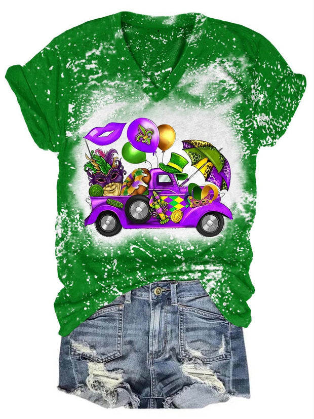 Mardi Gras Truck V Neck Tie-dye Tee