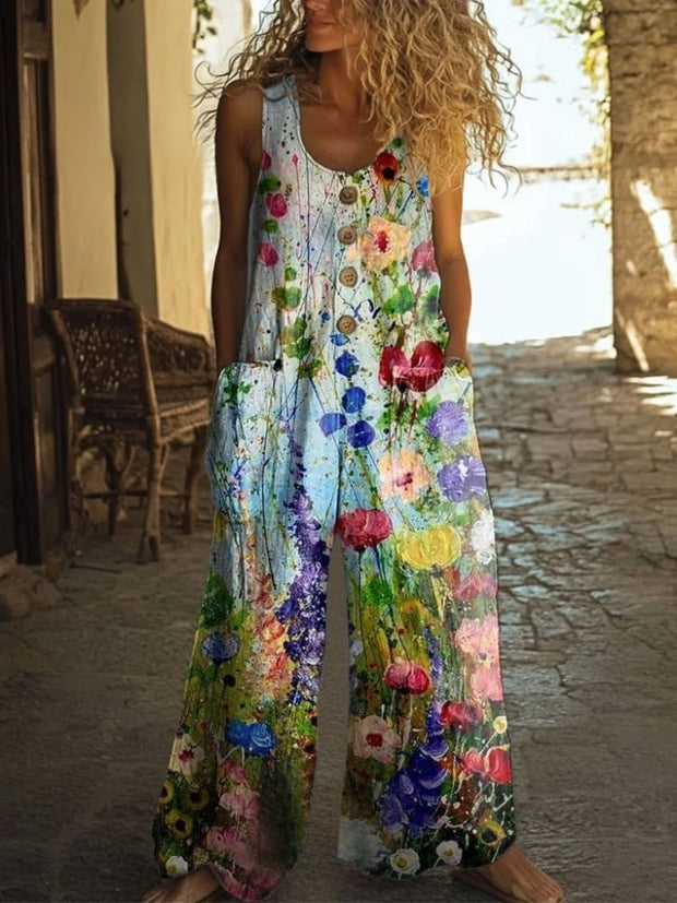 Women's Blue Sky Floral Art Print Casual Cotton Wide Leg Jumpsuit