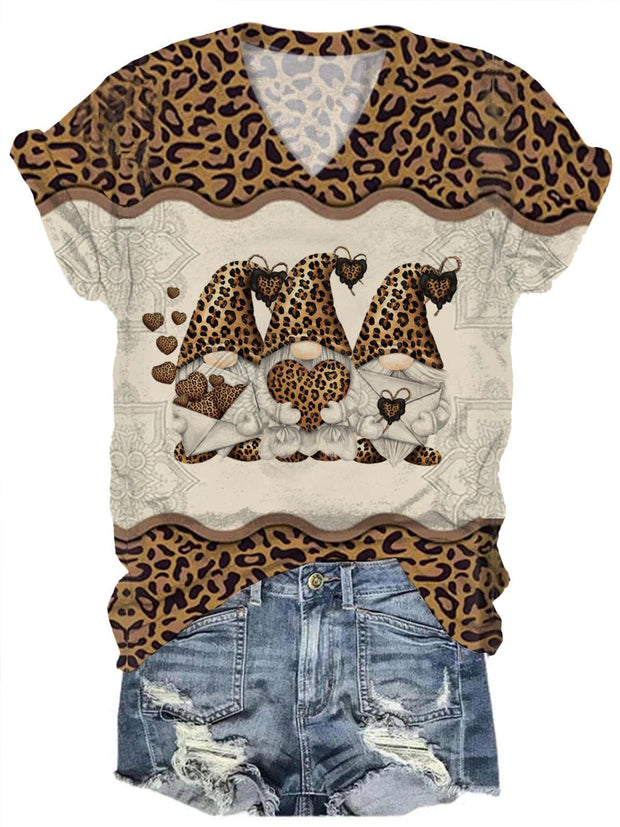 Women's V Neck Gnome Leopard Print Top