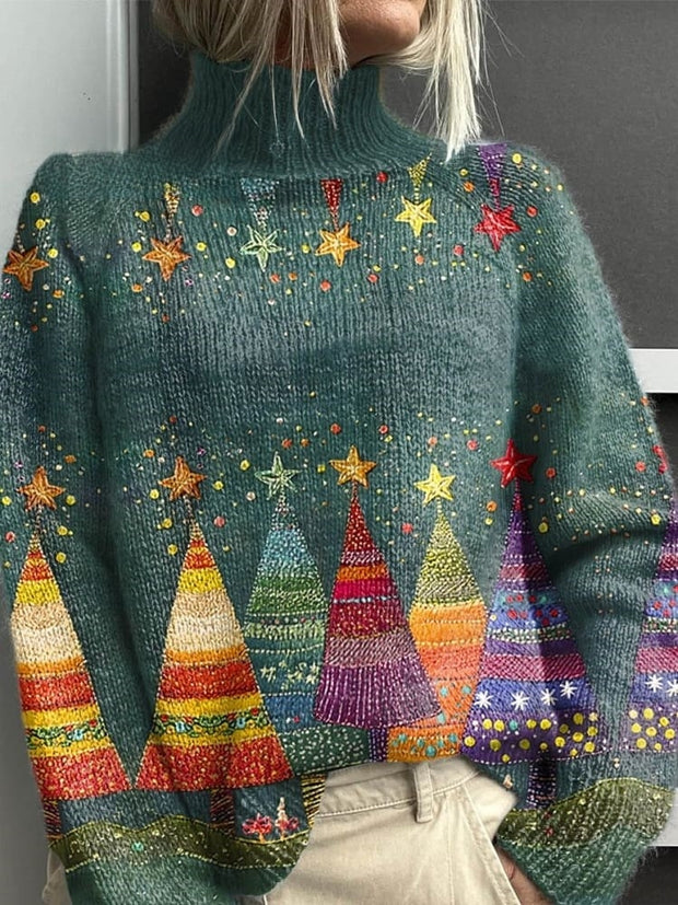 Women's Lovely Christmas Tree Art Print Knit Turtleneck Pullover Sweater