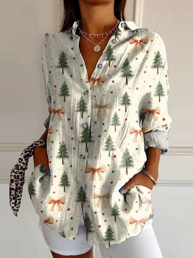 Women's Lovely Christmas Tree Art Print Casual Cotton Shirt