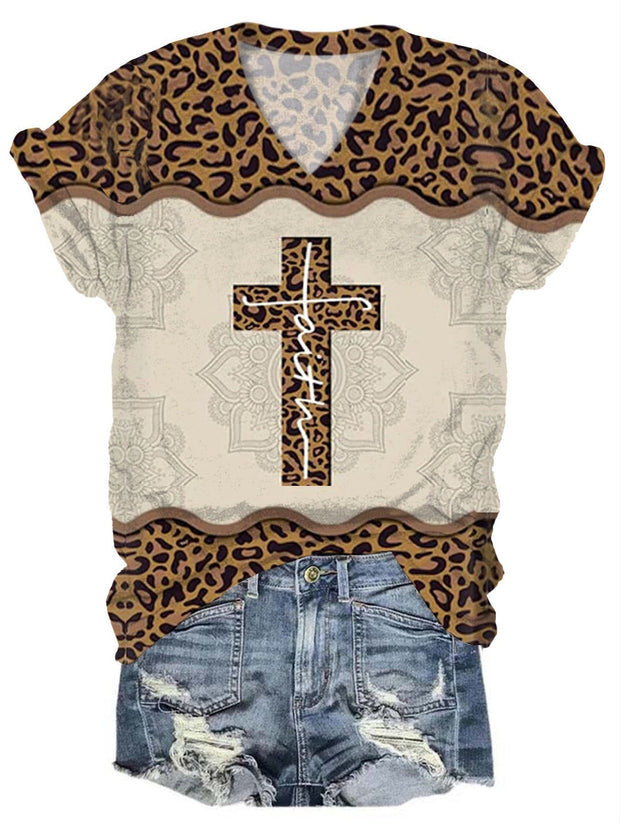 Women's Leopard Cross Faith Print Top