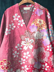 Japanese Style Pink Cherry Blossom Art Printed Women's Casual Cotton And Linen V-neck Shirt