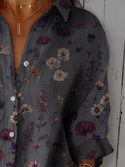 Gentle And Elegant Flowers Printed Three-Quarter Sleeves Cotton And Linen Shirt