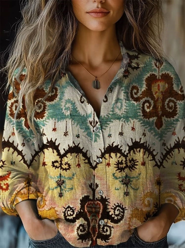 Vintage Floral Print Casual Long Sleeve Comfortable Cotton Shirt