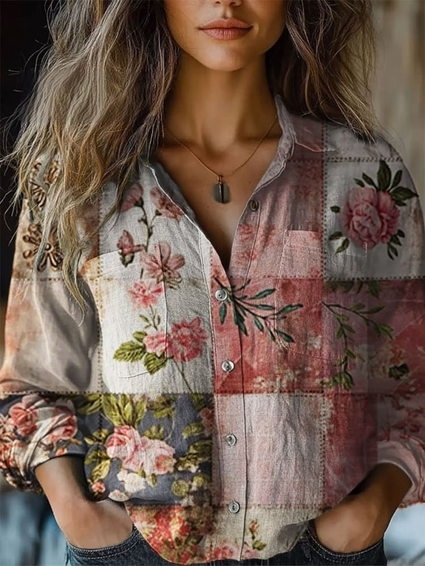 Women's Pink Floral Print Casual Long Sleeve Comfortable Cotton Shirt