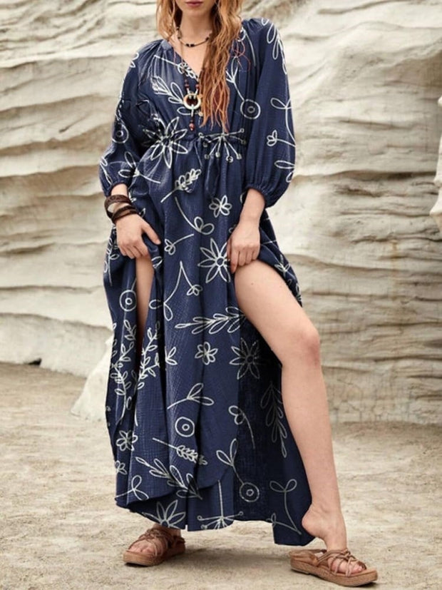 Women's Retro V-Neck Three-quarter Sleeve Solid Color Print Long Dress