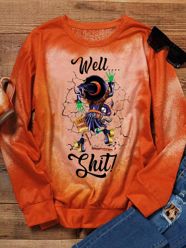 Women's Funny Witch Halloween Print Crew Neck Long Sleeve Top